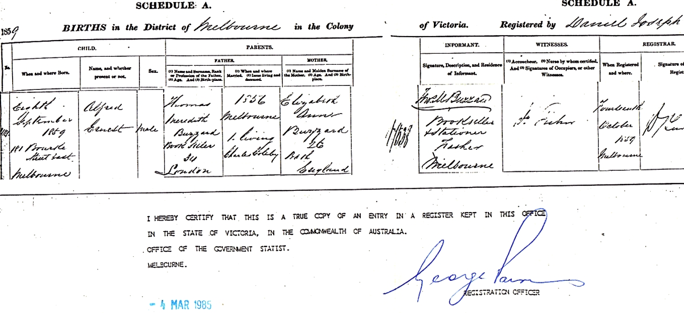 Alfred Ernest Buzzard’s Birth Certificate